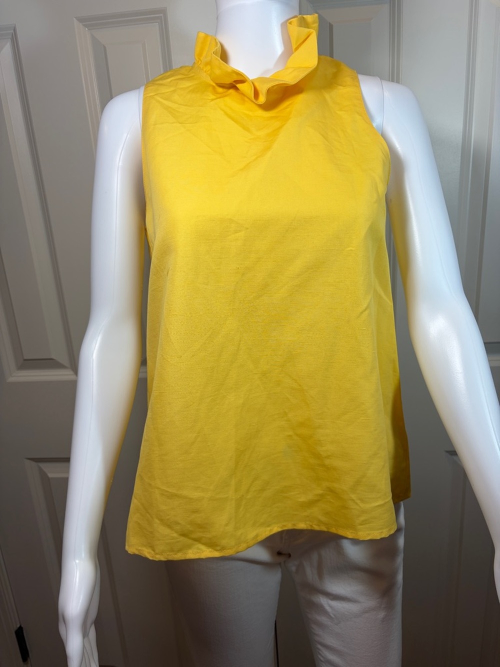 Ruffle-Neck Sleeveless linen blend top